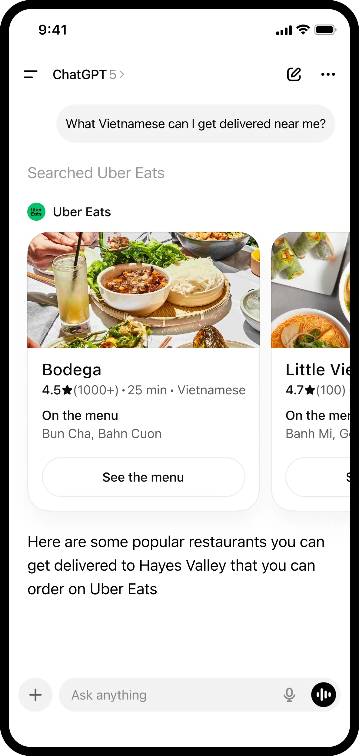 An Uber Eats interface on ChatGPT.