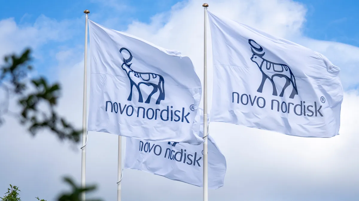 White flags bearing Novo Nordisk's logo are seen against a blue sky.