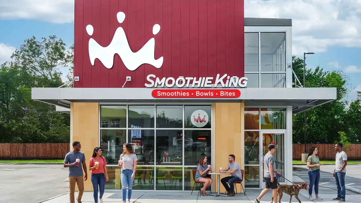 A rendering of a building prototype that is red and beige with Smoothie King sigange