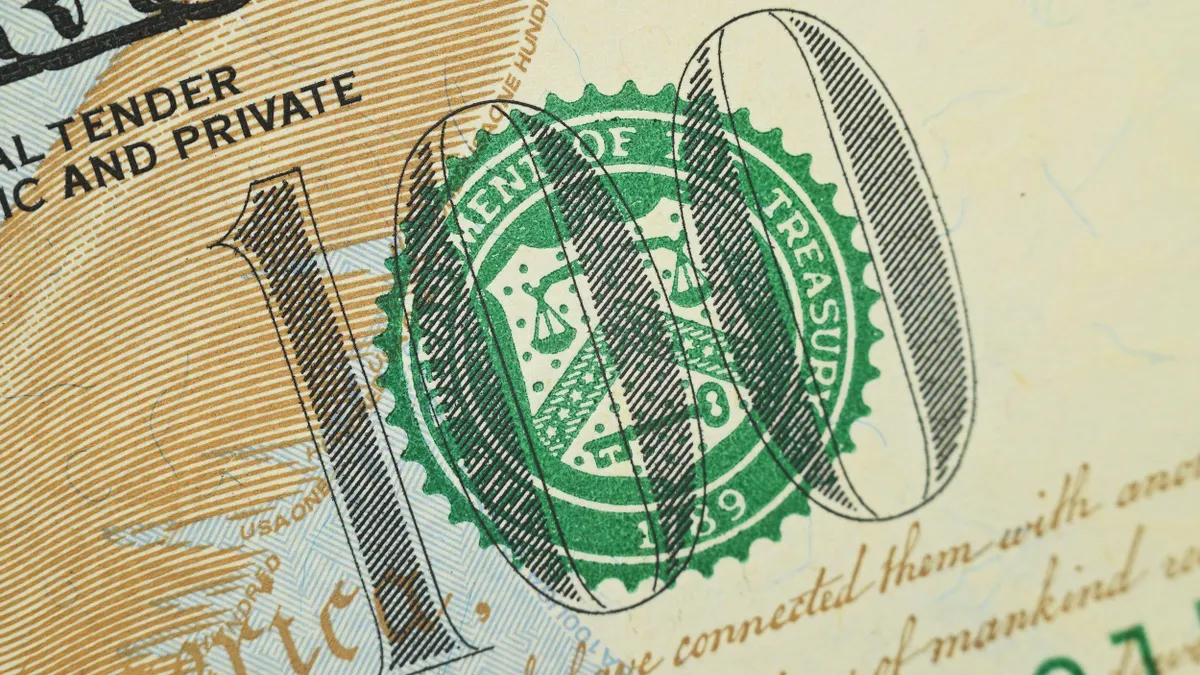 Close-up of a U.S. one hundred dollar bill showing the green Department of the Treasury seal and large black '100' print over a textured background.