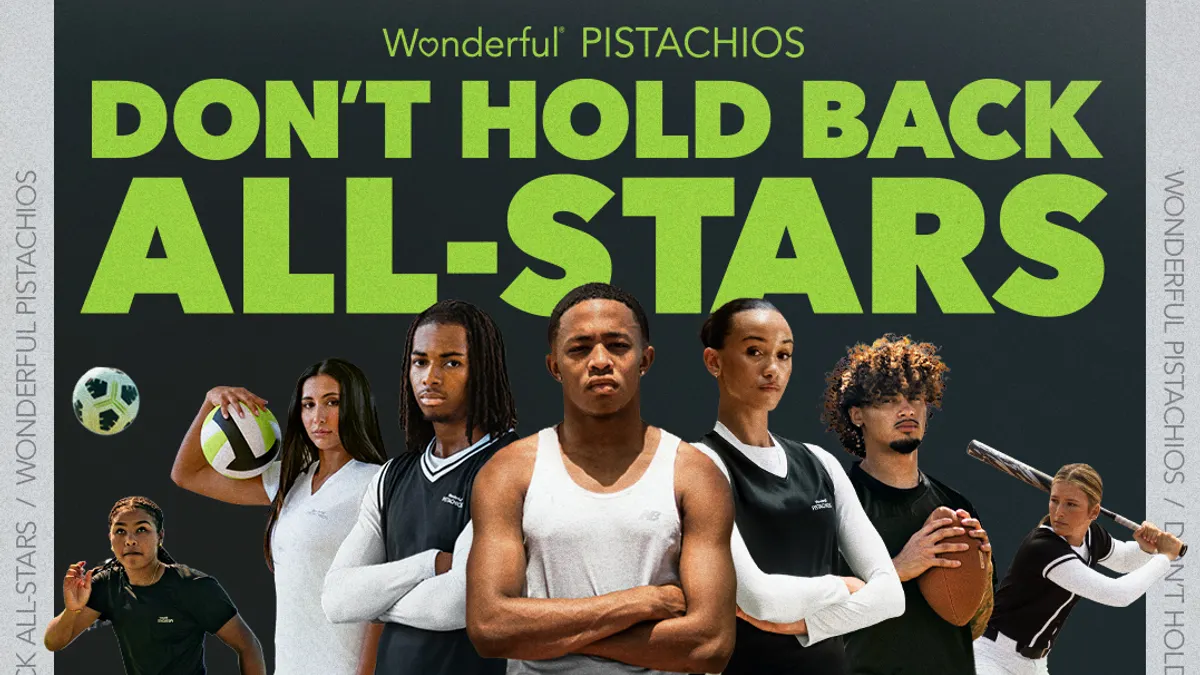 Wonderful Pistachios campaign imagery for it's "Don't Hold Back All-Stars" campaign featuring its first roster of NIL athletes.