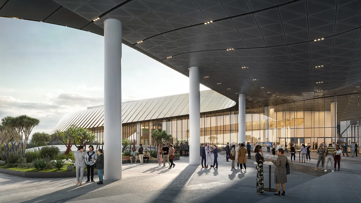 A rendering of a terrace outside of a large building, with people milling about amid the green space.