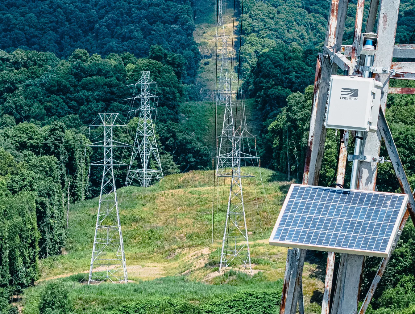 This image shows LineVision technology installed on a transmission line.