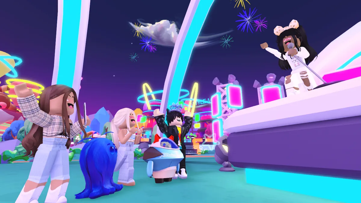 Several avatars attend a concert in Claire's virtual destination.