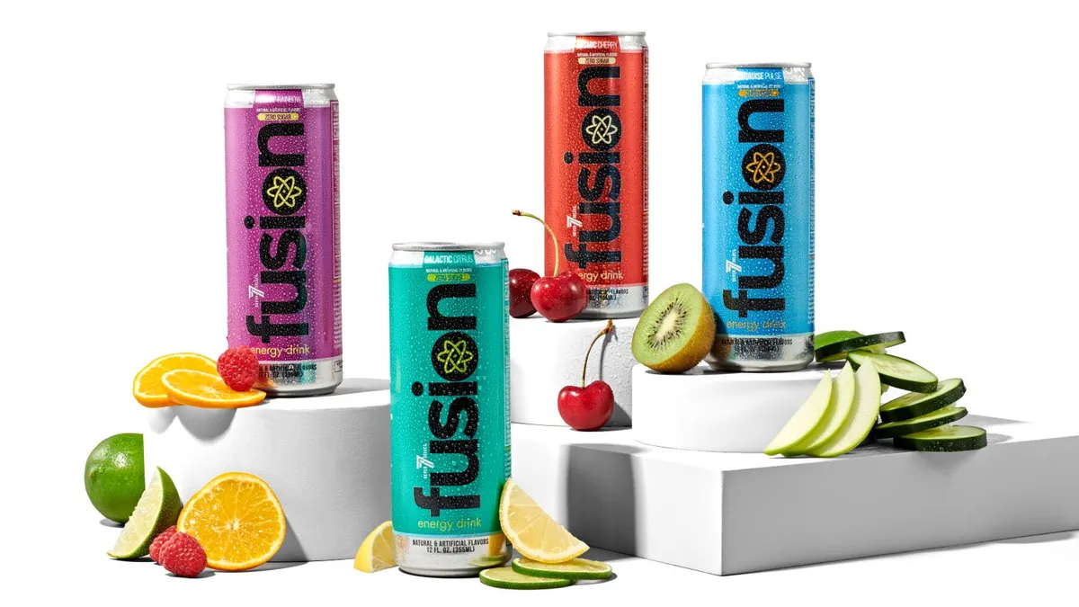 A photo of a number of cans of energy drink against a white background. The cans all say Fusion.