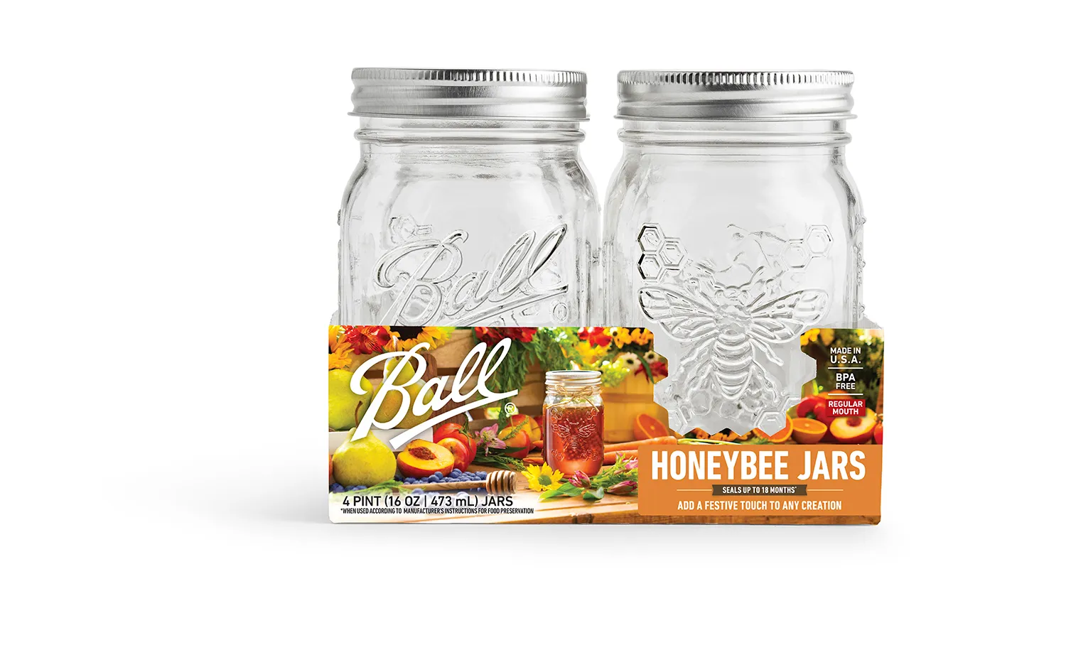 Ball mason jars with a honeybee embossed on the side.