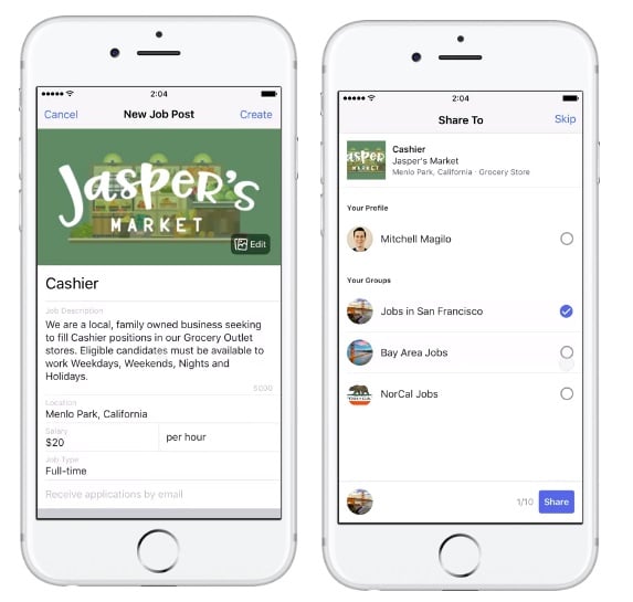 Facebook Job Listings in Groups example