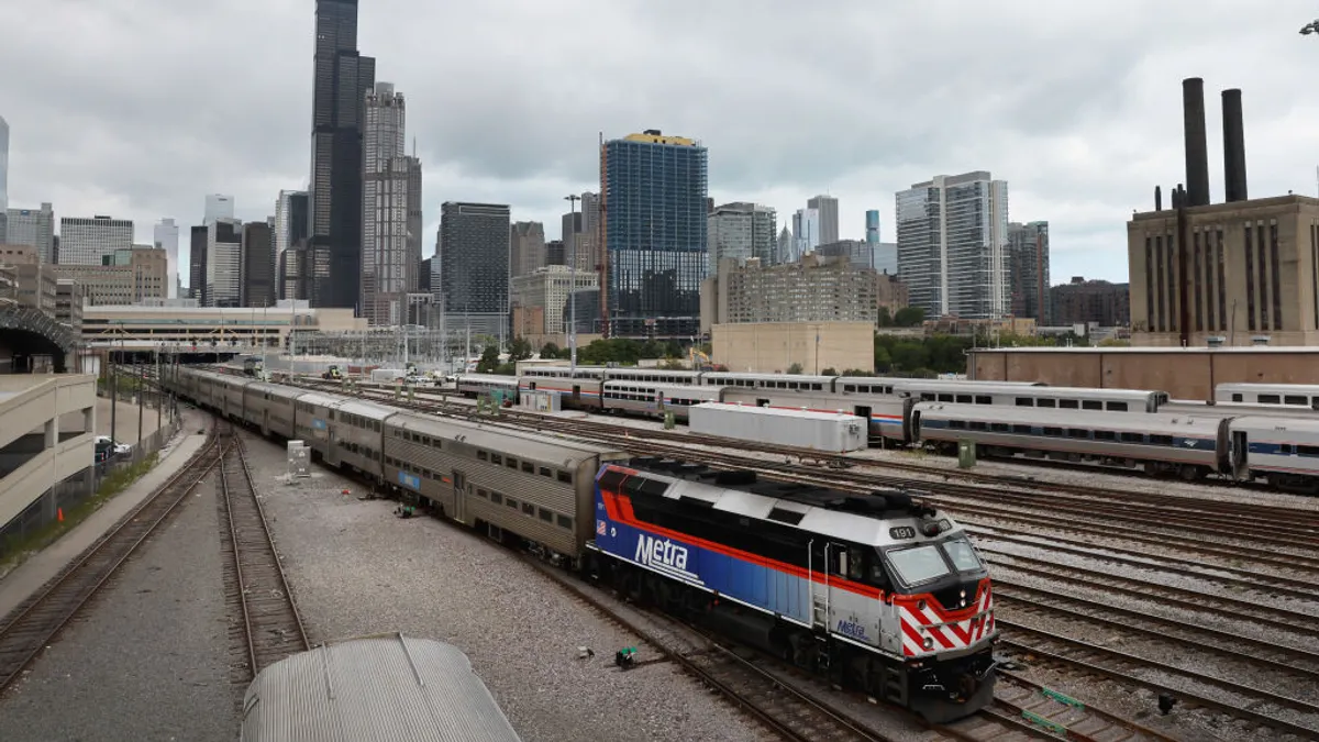 Metra train traveling rails near downtown Chicago, Illinois