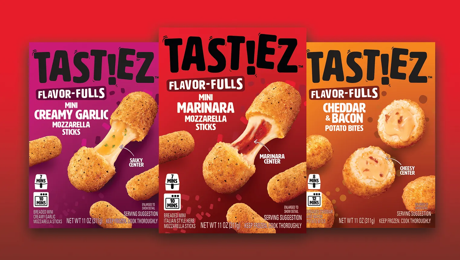 Three Tastiez stuffed product boxes are on display.