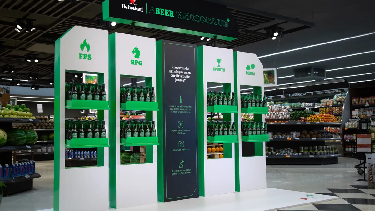 A store display showcasing the game-inspired limited-edition Heineken packaging.