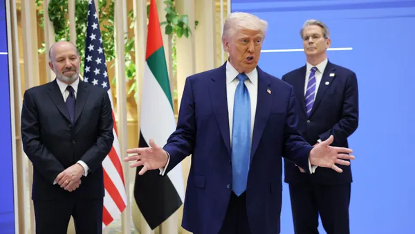 President Donald Trump speaks at the presidential palace of the United Arab Emirates, on May 16, 2025, in Abu Dhabi.