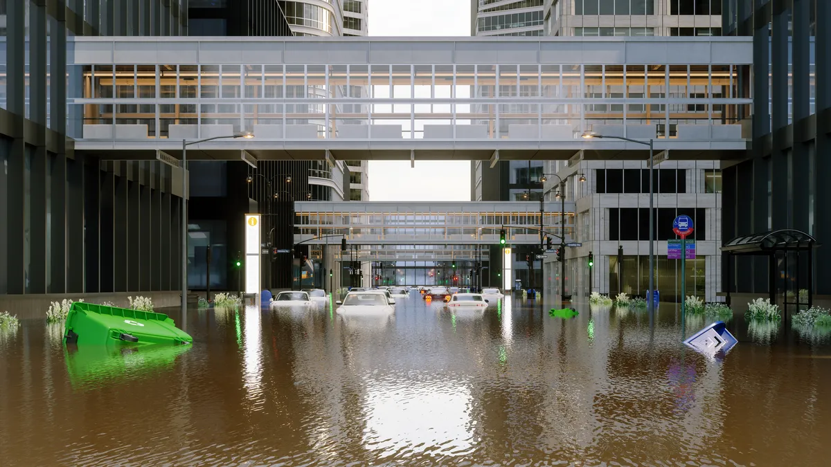 Flooded Street With Cars And Garbage Bins Floating On Water