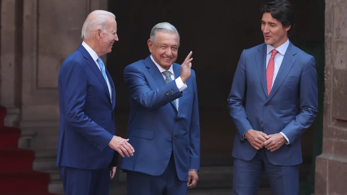 Joe Biden, Andres Manuel Lopez Obrador and Justin Trudeau pose for the media during a welcome ceremony as part of the '2023 North American Leaders' Summit.