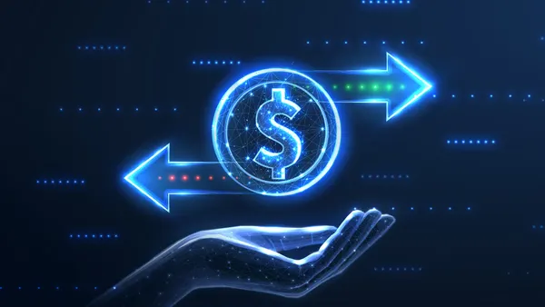 Coin and two right left arrows on hand.