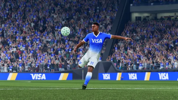 An avatar of a soccer player wearing a Visa jersey.