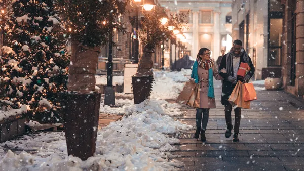 Two people with shopping bags, walking down the street on a snowy day.