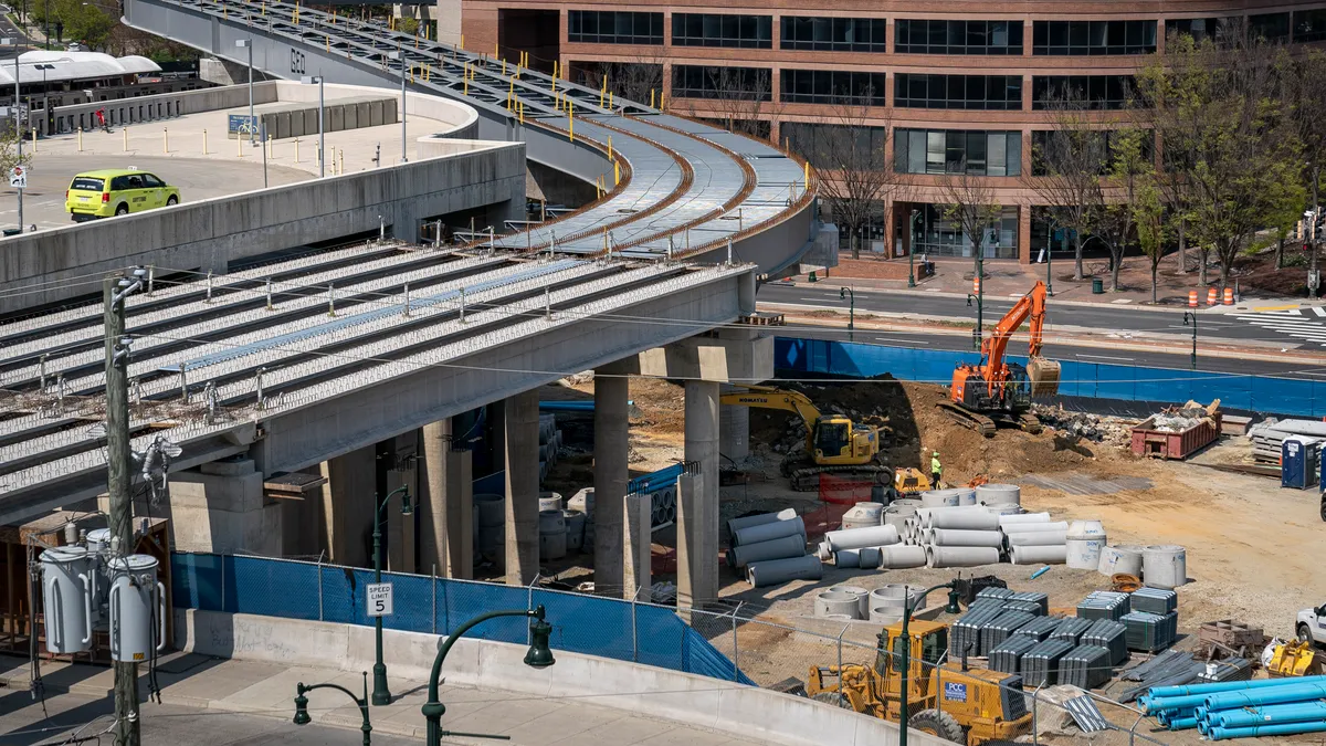 Overhead view of construction of Purple Line rail tracks at the Paul Sarbanes Transit Center on April 8, 2021, in Silver Spring, Maryland.