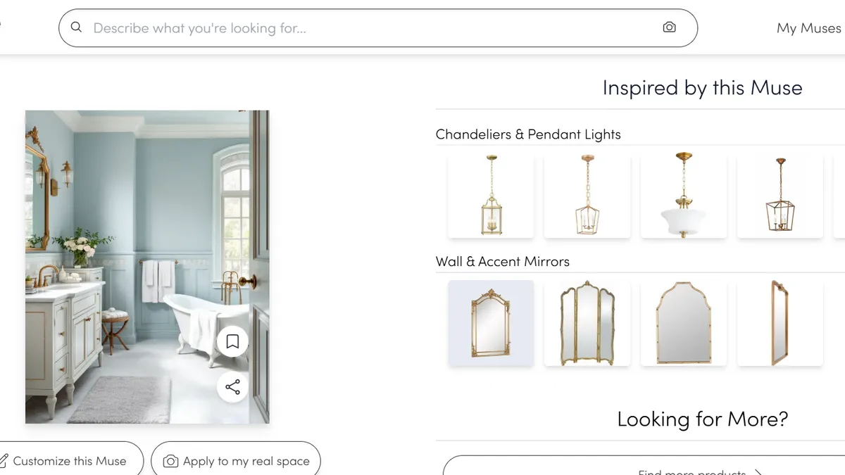 A screenshot of Wayfair's Muse tool with a search result for "ethereal blue bathroom."