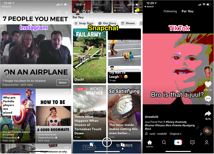 IGTV, Snapchat, TikTok side-by-side