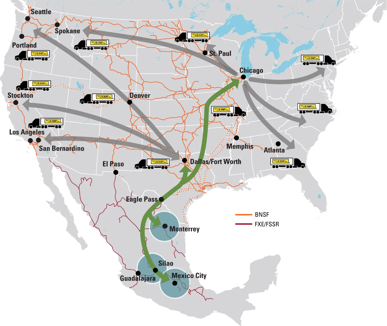 A map of J.B. Hunt, BNSF and Grupo México Transportes' intermodal service launching January 2024.