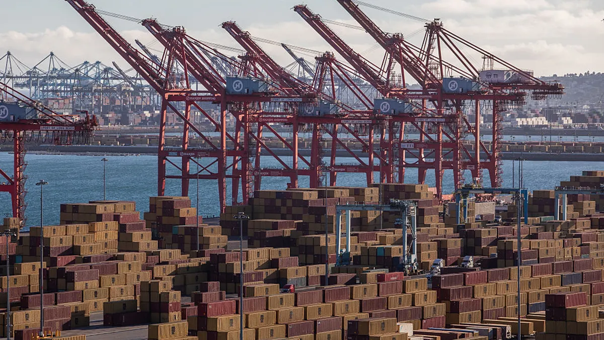 Stacks of shipping containers are seen at the Port of Long Beach.