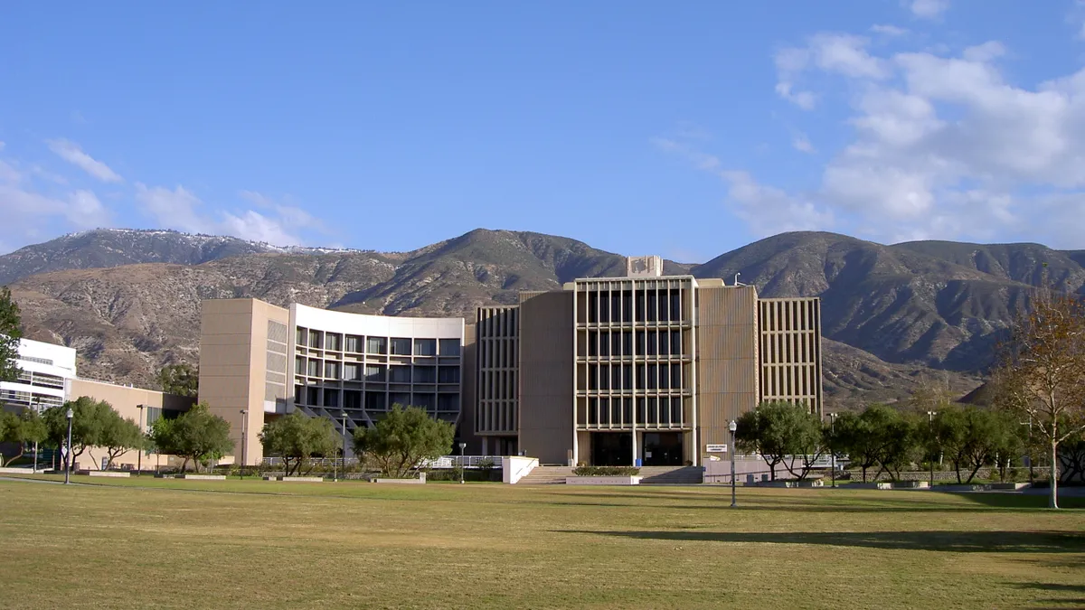 View of university library with the mountains beyond.