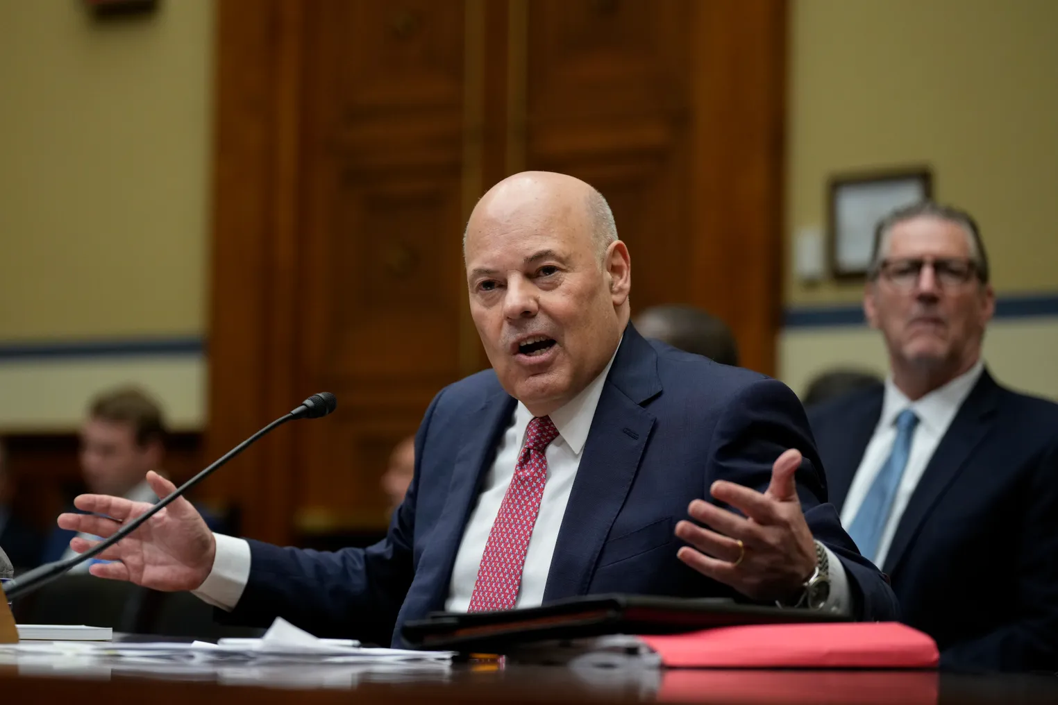 U.S. Postmaster General Louis DeJoy testifies during a House Oversight Subcommittee on Government Operations and Federal Workforce hearing on Capitol Hill May 17, 2023 in Washington, DC.