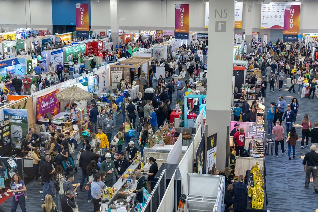 Crowds gather on the "Hot Products" floor of Expo West 2024 in Anaheim, California.