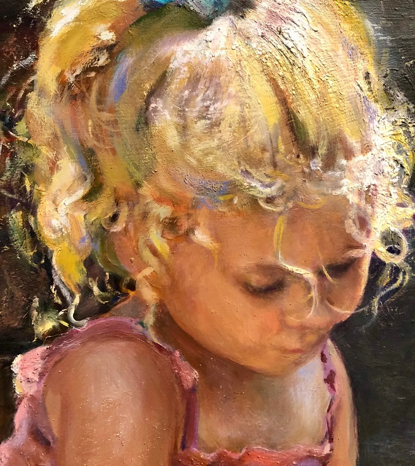 Close-up, realistic, watercolor painting of a blonde-haired girl wearing a pink frilly tank-top.