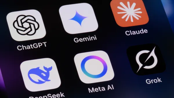 App icons for generative AI assistants OpenAI ChatGPT, Google Gemini, Anthropic Claude, DeepSeek, Meta AI and xAI Grok are pictured on a smartphone screen.