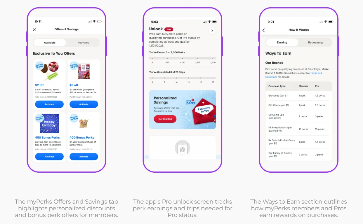 Three apps showing loyalty program features.