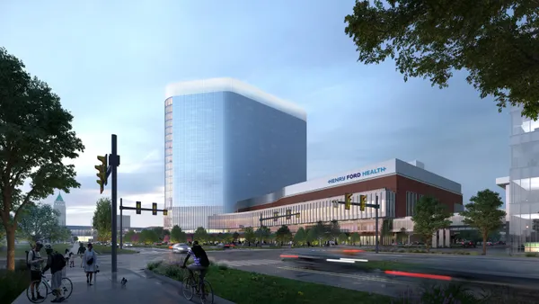 A rendering of a tall, glass-covered building looms in the background under a blue sky.