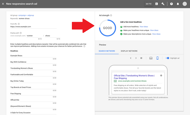 A screenshot of Google's new ad strength indicator in the ad composer screen