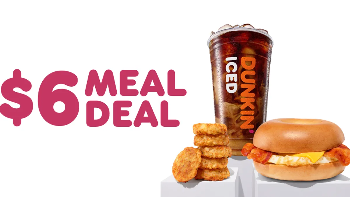 An iced coffee, breakfast sandwich and hash browns beside purple text reading $6 meal deal