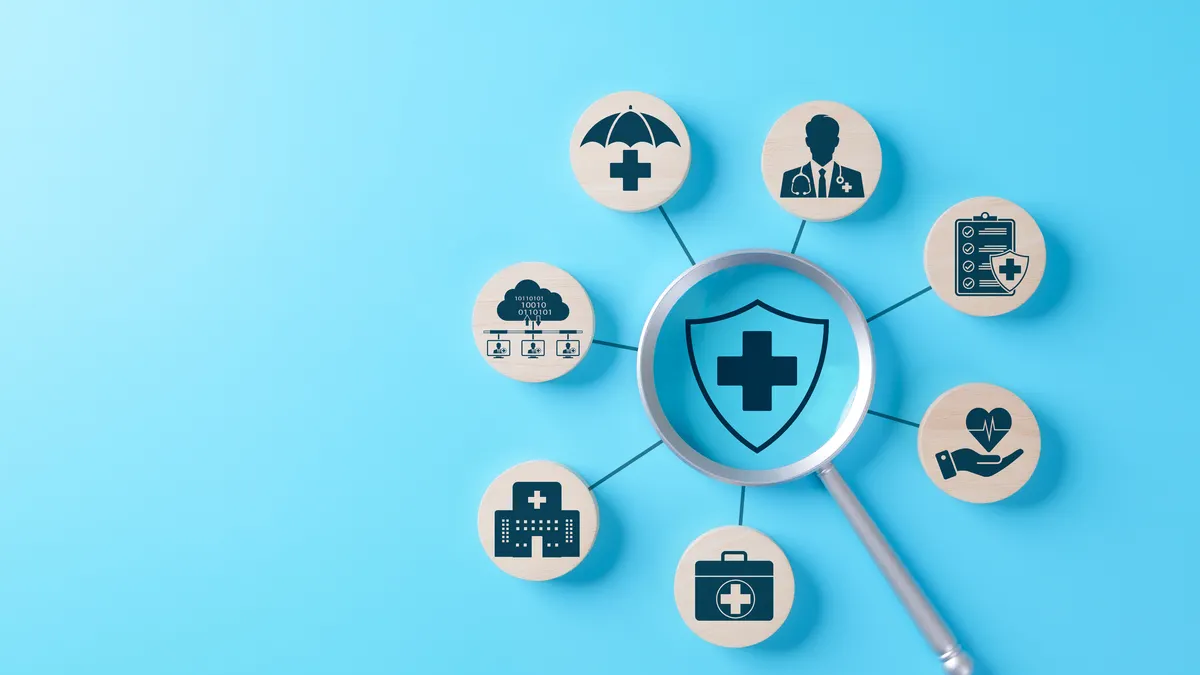 Health Insurance and Medical Care Concept. Magnifying glass focuses on shield featuring medical cross, surrounded by icons, medical care, health insurance, healthcare services, protection, coverage,