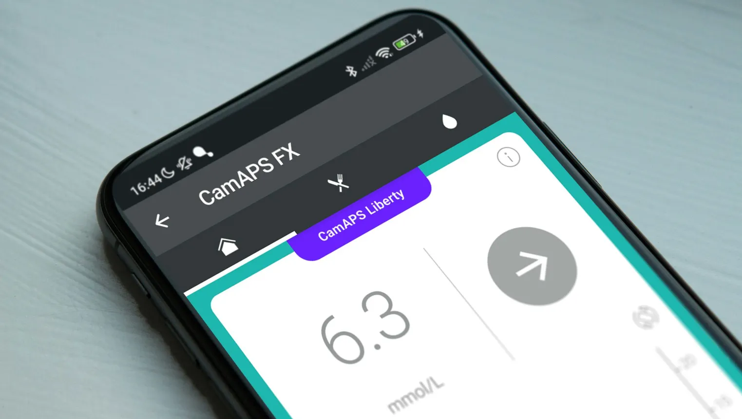A cell phone shows the text "CamAPS Liberty" and a blood glucose reading.