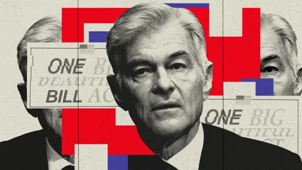 A stylized collage shows Mehmet Oz in grayscale repeated across the background, overlaid with bold red geometric shapes and faint newspaper-style text reading “One Big Beautiful Bill Act.”