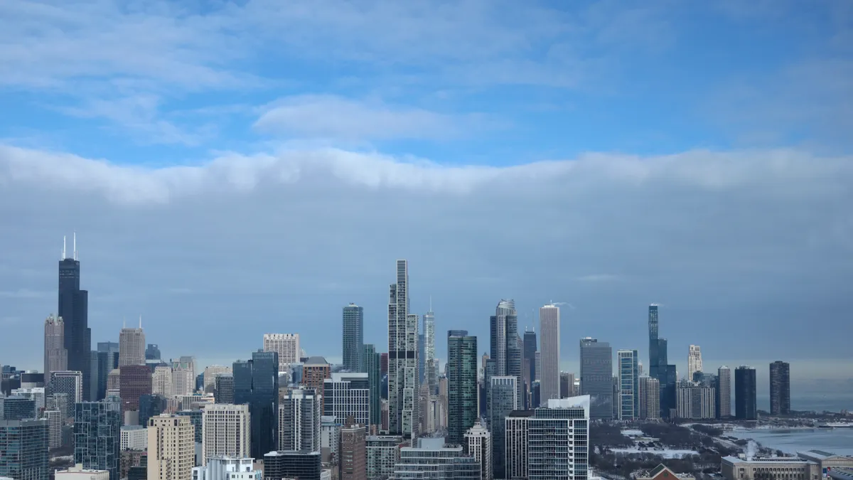 The Chicago skyline is shown, from south of the city looking north.