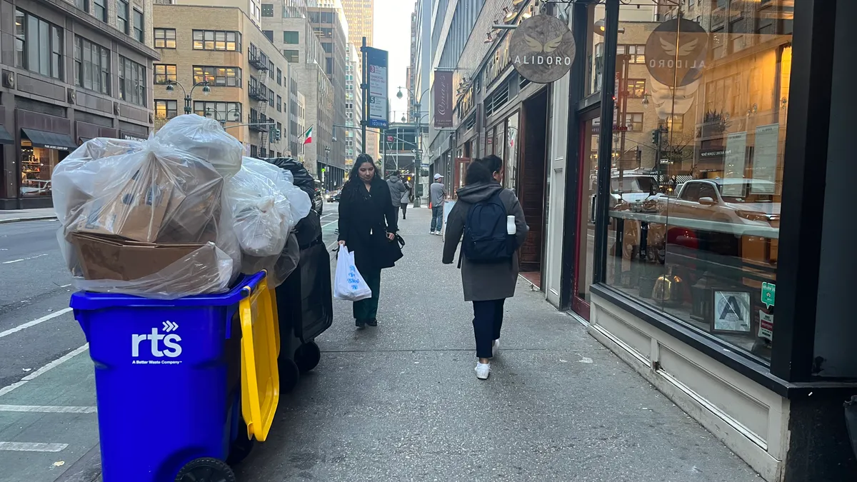 Recyclables in a blue RTS bin on the curb of a New York City street