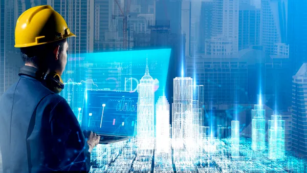 A civil engineer views a smart city building design using an AI-based digital technology hologram