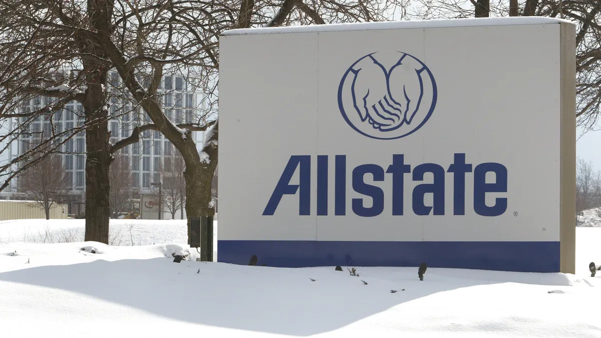 Allstate signage is visible in front of the tower building located on its headquarters.