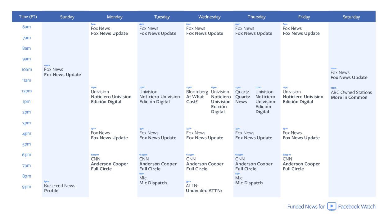 Facebook Watch news programming schedule