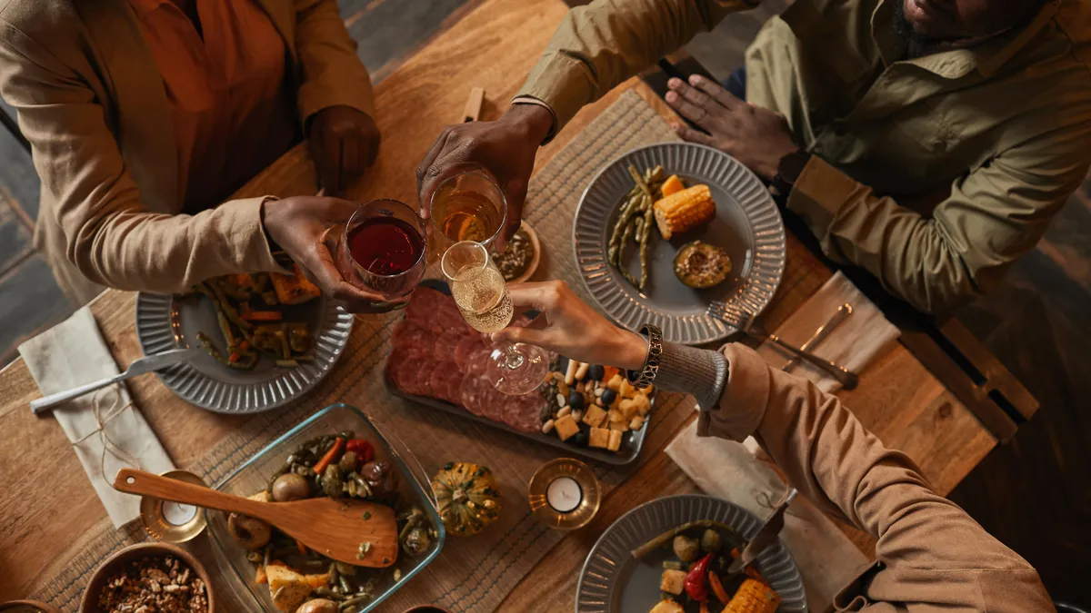 Overhead shot of a family eating a meal.