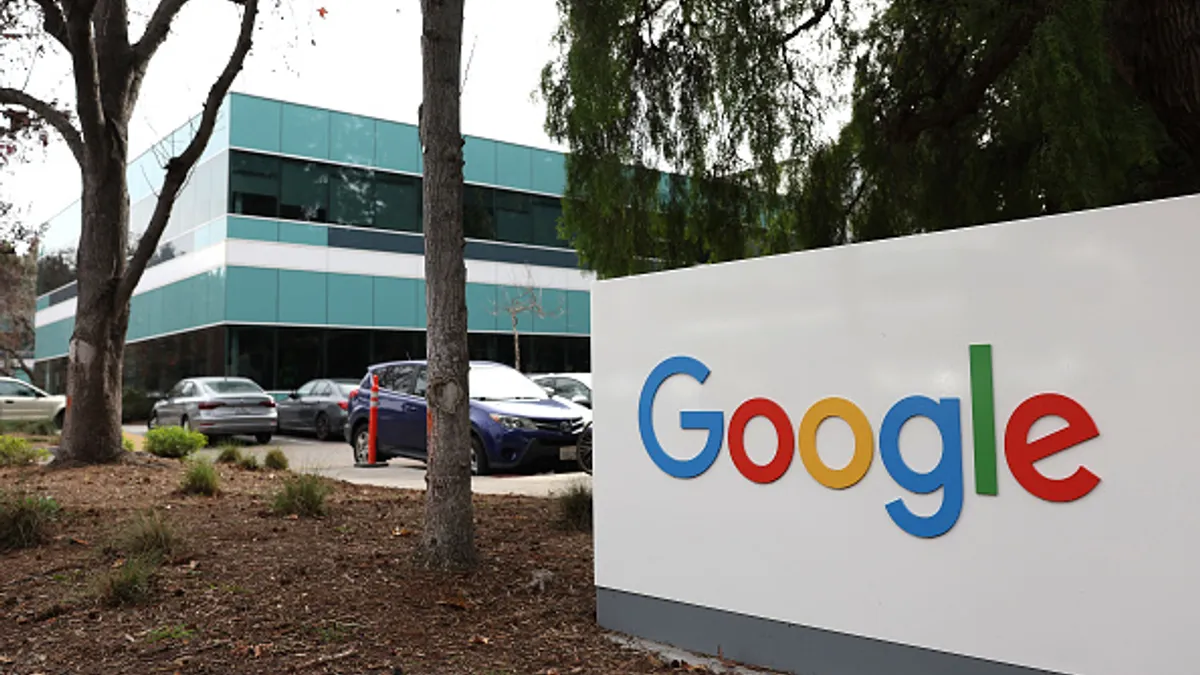 A sign is posted in front of an office at Google headquarters on February 02, 2023 in Mountain View, California