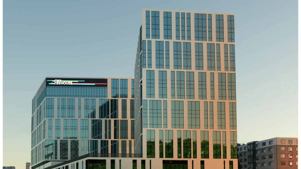 A tall building with "Fiat House" written on the side.