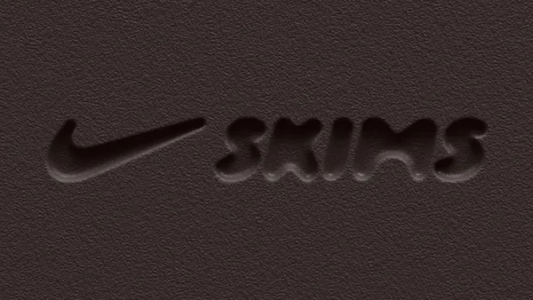 A brown background with the Nike checkmark logo and Skims logo.