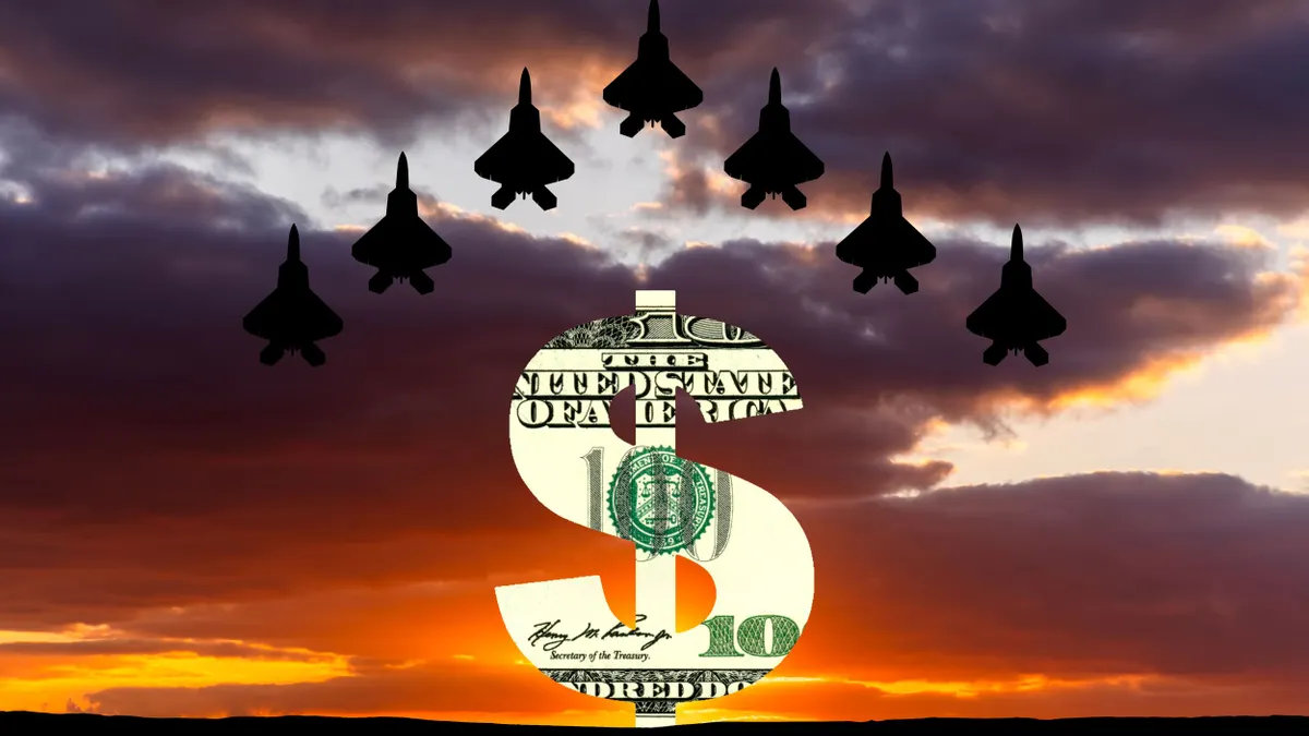 Seven silhouettes of fighter jets flying upward in a pyramid position above a dollar sign, with the sun setting in the background.