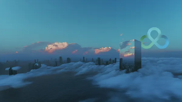 A futuristic city skyline partly covered in thick clouds, with tall skyscrapers emerging above them.