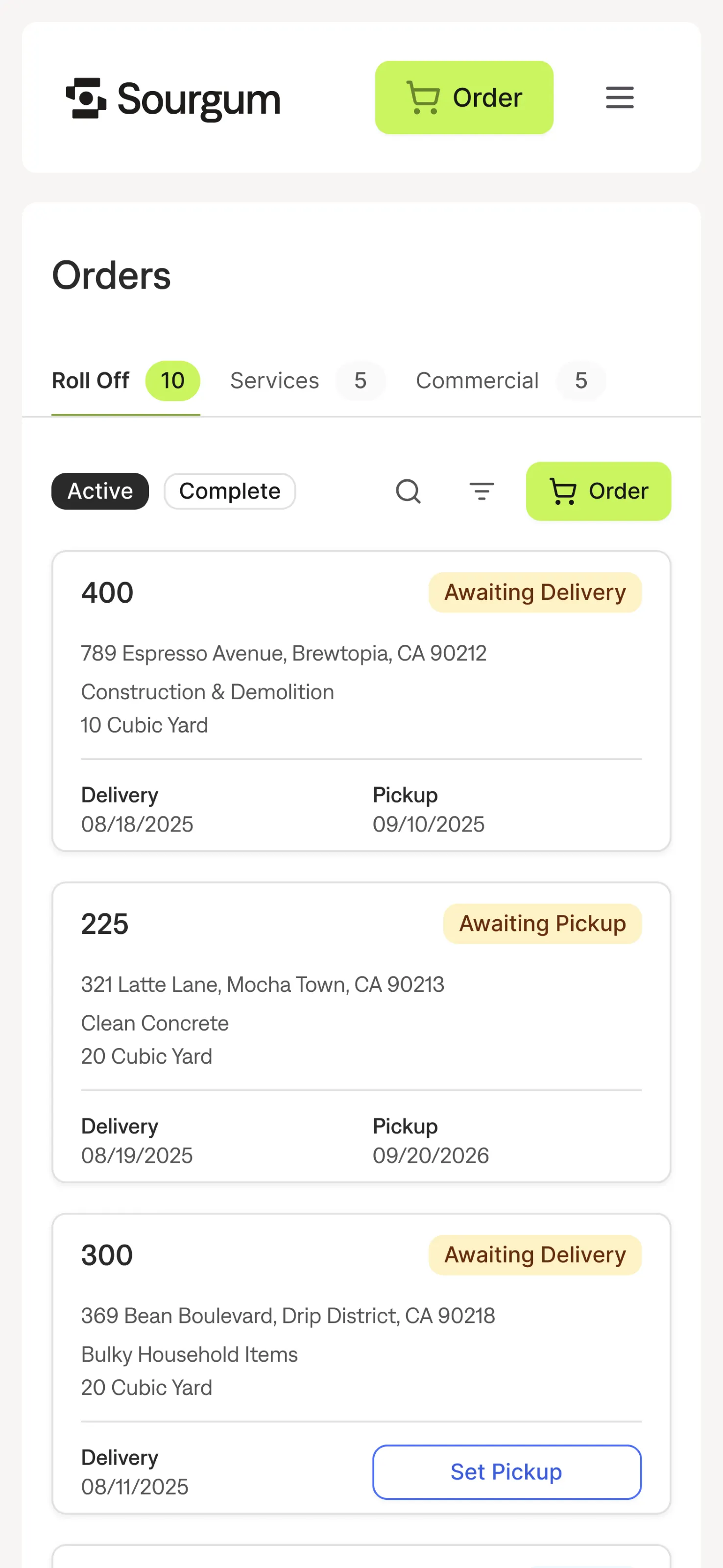 A mobile screenshot shows several Sourgum waste service orders awaiting service.