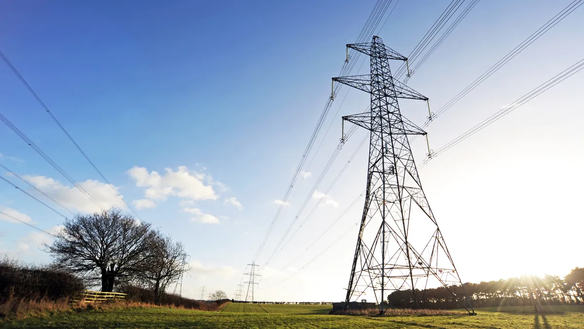 Electric pylons in a field.